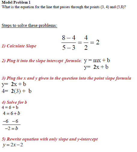 Write Equation from two points worksheet, with model problems explained step by step.